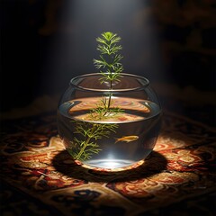 Delicate green plant growing in a clear glass bowl filled with water and illuminated by a spotlight