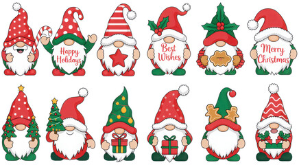 Christmas gnomes vector illustrations set. Christmas quotes. Winter holidays clipart
