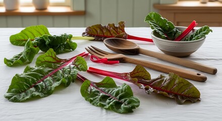 Freshly Harvested Swiss Chard and Wooden Utensils Arranged on a Tabletop