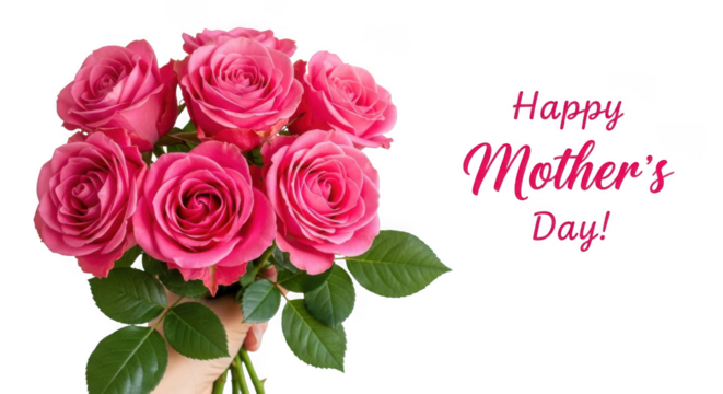 Hand holding pink roses with happy mothers day text isolated on white isolated on transparent background