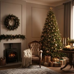 Cozy christmas living room with a decorated tree fireplace and armchair bathed in warm light