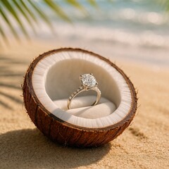 Engagement ring nestled in a coconut half on a tropical beach. Perfect for proposals, romantic gestures, or Valentine’s Day moments.