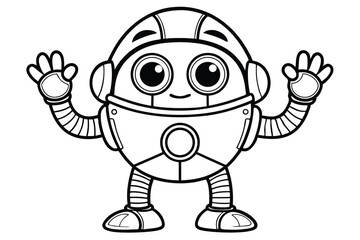 Cheerful cartoon robot character waves its hands while standing on white background