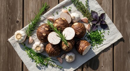 Freshly Harvested Taro Bulbs, Garlic, Herbs, and Spices Arranged on Wood Surface