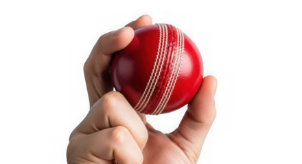 Hand gripping a red cricket ball with seam detail