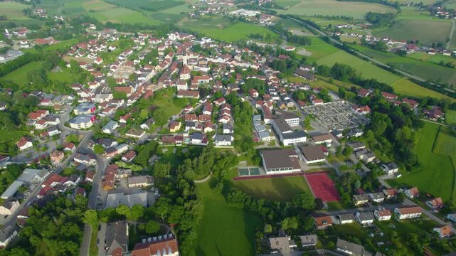 Aerial panoramic view around the city Velden in Germany., Bavaria on a sunny afternoon in spring.