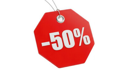 Red sale tag showing fifty percent discount