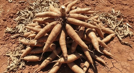 Freshly Harvested Cassava Roots Piled on Soil Showing Abundance After The Harvest