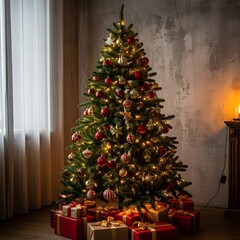Beautifully decorated christmas tree with glowing lights and presents underneath in a cozy room