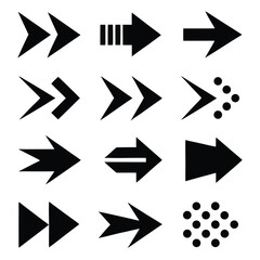 Collection of twelve forward pointing arrow icons showcases directionality and different stylistic variations