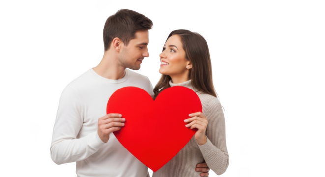 Couple holding a red heart isolated on transparent background