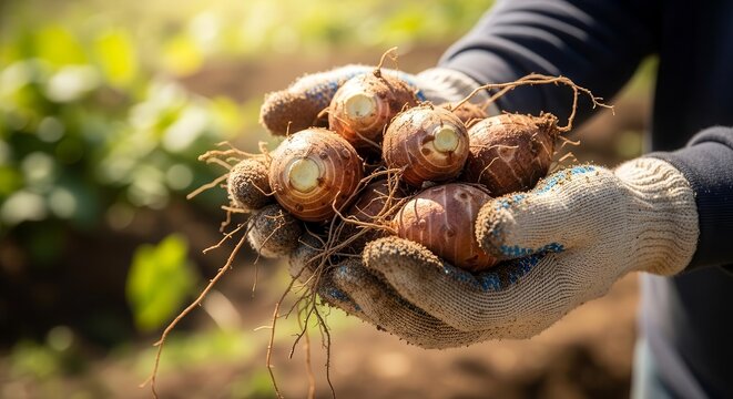 Freshly Harvested Taro Root Vegetables Held In gloved Hands close up Shot