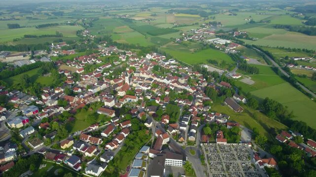 Aerial panoramic view around the city Velden in Germany., Bavaria on a sunny afternoon in spring.