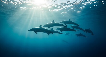 Obraz premium A pod of dolphins swimming together in the deep blue ocean under sunlight rays