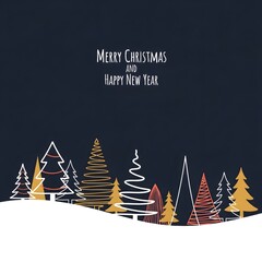 Whimsical hand drawn christmas trees in snowy landscape with merry christmas and happy new year text