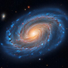 Vibrant spiral galaxy with glowing core and swirling blue arms against a starry night sky