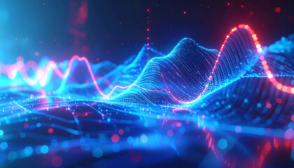 Vibrant Data Visualization: A mesmerizing display of digital data flowing across a landscape of glowing lines and points, with undulating waves of light and a dynamic pulse.