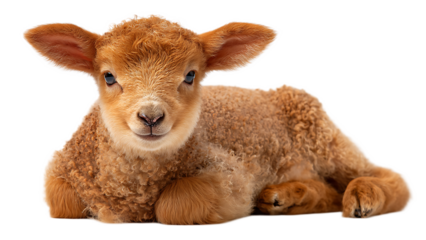 A golden lamb with curly wool lying down and looking at the camera on a black background isolated