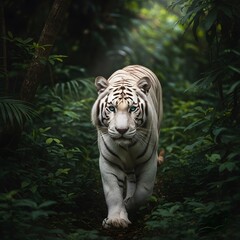 Majestic white tiger emerges from lush green jungle foliage with intense gaze