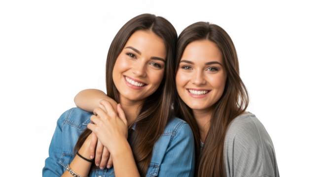 Two smiling young women with arms around each other isolated on transparent background