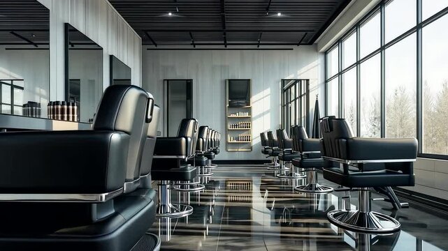 Modern luxury barbershop interior with black leather chairs, large glass windows, polished marble floor, and stylish contemporary lighting