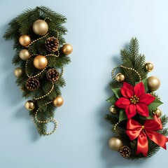 Two festive christmas swags decorated with golden ornaments pine cones and red poinsettia flowers hanging on a light blue wall