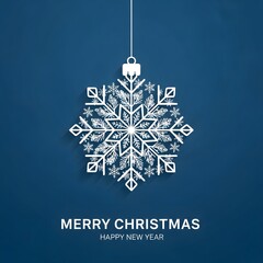 Elegant white snowflake ornament hanging against a deep blue background with merry christmas and happy new year text