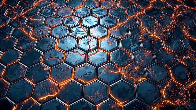 Detailed laboratory scene featuring hexagonal metallic surface illuminated by glowing orange magma cracks, conveying advanced energy science concept