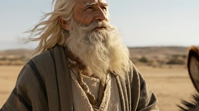 Old man with long white beard and traditional robes leading a donkey through a desert landscape in biblical times, footage.