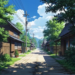 Idyllic japanese village street lined with traditional wooden houses and lush green trees under a bright blue sky with fluffy clouds