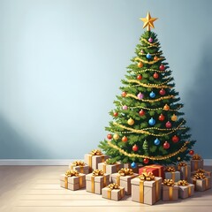 Beautifully decorated christmas tree with many presents underneath in a cozy room