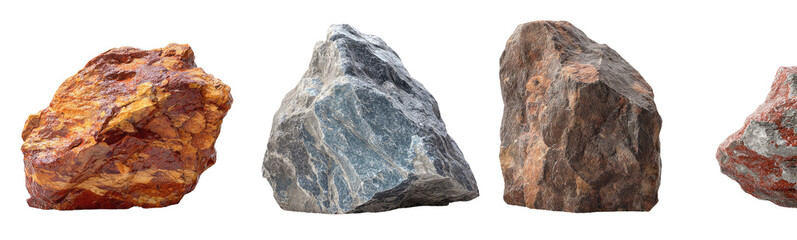 Four assorted rocks, diverse in color and texture