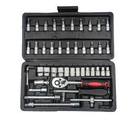 A professional tool set in a black case on a white background. The tool set includes a socket wrench, ratchet, and sockets.