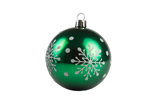 Green christmas ball with snowflake isolated on transparent background for decoration