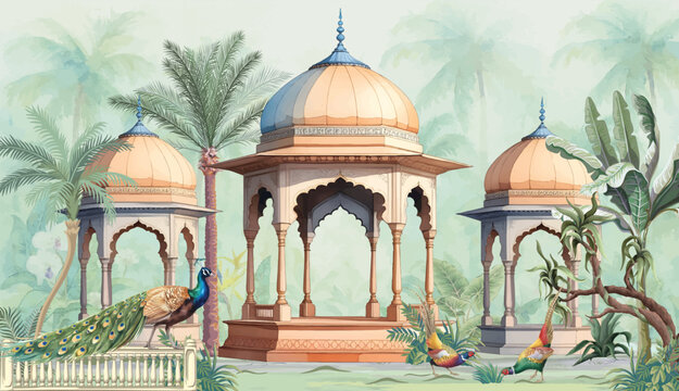 
Mughal garden peacocks and tropical plants  botanical landscape illustration. Vintage Indian Mughal architecture with botanical garden composition.