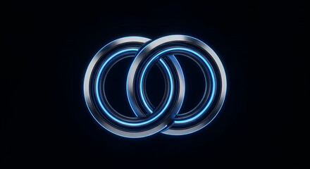 Intertwined futuristic rings with glowing blue neon light and bubbles against a dark black background