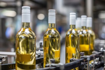 A close-up of white wine bottles on a production line, showcasing the automated bottling process and quality control, reflecting modern winemaking techniques.