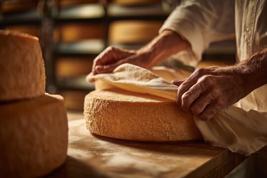 The craftsman gently covers the cheese wheel with cloth during the cheese making process, showcasing the dedication to food production and culinary traditions.