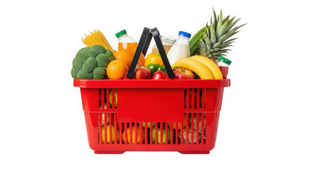 Bright red shopping basket overflowing with fresh groceries and produce