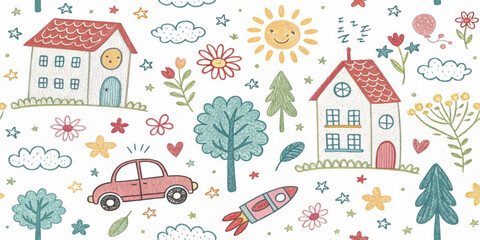 Whimsical hand-drawn doodle seamless pattern with house, rainbow, rocket, flowers, clouds, sun, trees, stars, and car. Cute colorful kids sketch background for fabric, wallpaper, or stationery.