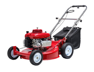 Red lawn mower with black attachments, isolated on white