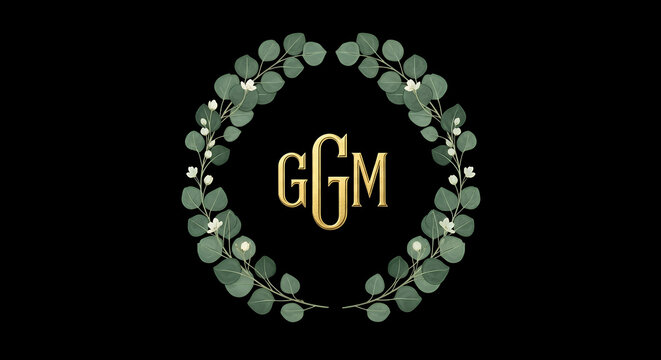 Elegant vintage monogram ggm encased in a delicate eucalyptus wreath on a black background