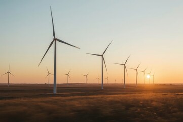 Wind turbines rotate gracefully at sunset over an open landscape