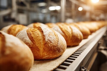 Fototapeta premium Close-up of freshly baked bread loaves moving along a conveyor belt in a bakery, golden brown crust, showing industrial food production and manufacturing process.