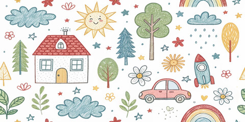 Whimsical hand-drawn doodle seamless pattern with house, rainbow, rocket, flowers, clouds, sun, trees, stars, and car. Cute colorful kids sketch background for fabric, wallpaper, or stationery.