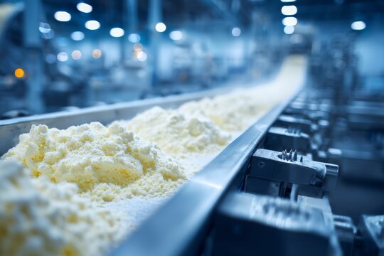 Automated food production line showcasing heaps of processed cheese powder on a conveyor belt, highlighting industrial food processing and dairy production efficiency.