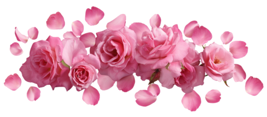 Pink rose petals and blossoms arranged on a black background