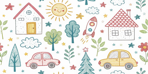 Whimsical hand-drawn doodle seamless pattern with house, rainbow, rocket, flowers, clouds, sun, trees, stars, and car. Cute colorful kids sketch background for fabric, wallpaper, or stationery.