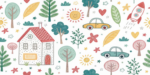 Adorable seamless kids pattern with pastel doodle style rainbow, clouds, flowers, trees, animals, and houses. Ideal for children’s , fabric, greeting cards, wrapping, and cute digital backgrounds.