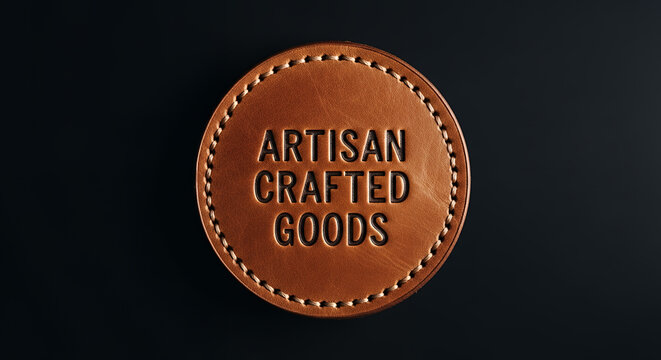 Close up of an oval shaped leather tag with embossed text reading artisan crafted goods and detailed stitching against a dark background